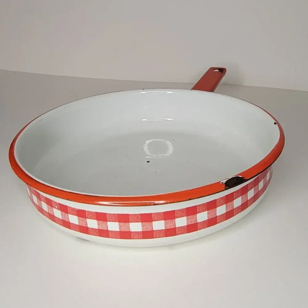 Vintage Red & white Checkered Enamelware Metal Skillet - Picture 5 of 12